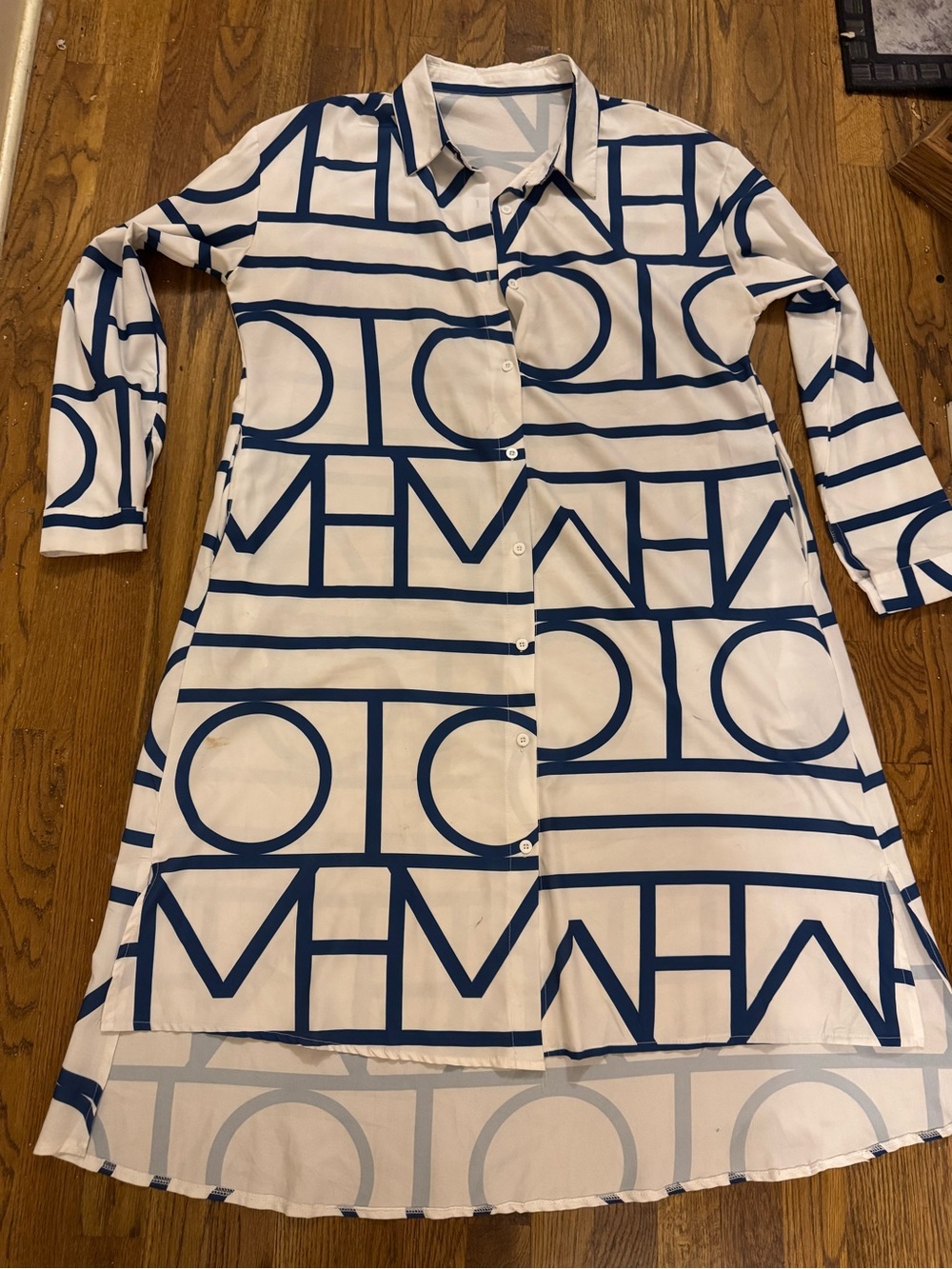 Women’s White Shirt Dress with Navy Geometric Print